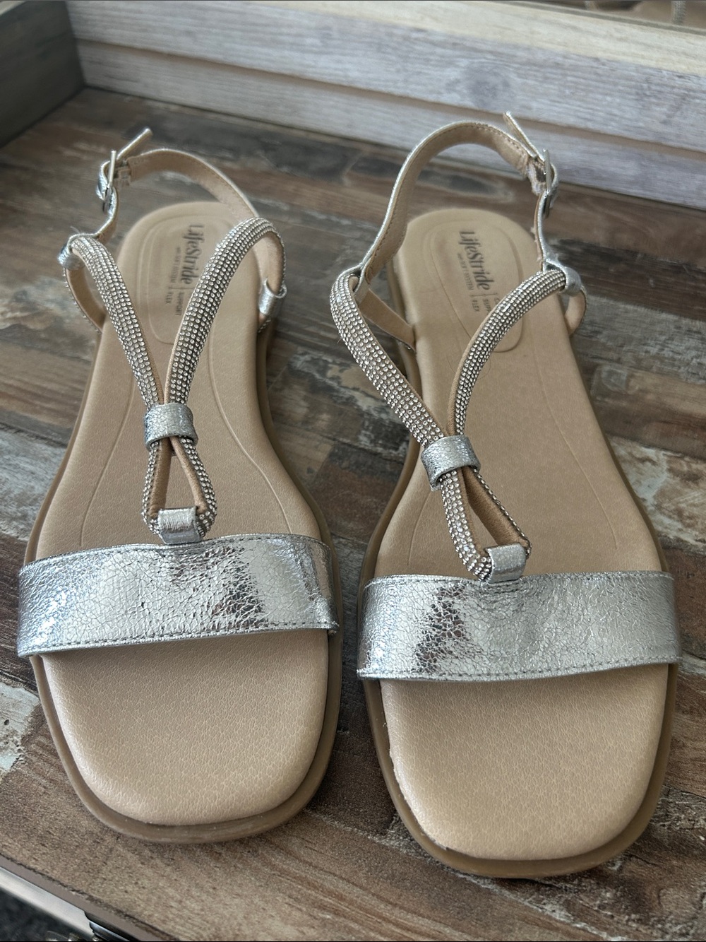Life Stride Silver Metallic T-Strap Sandals